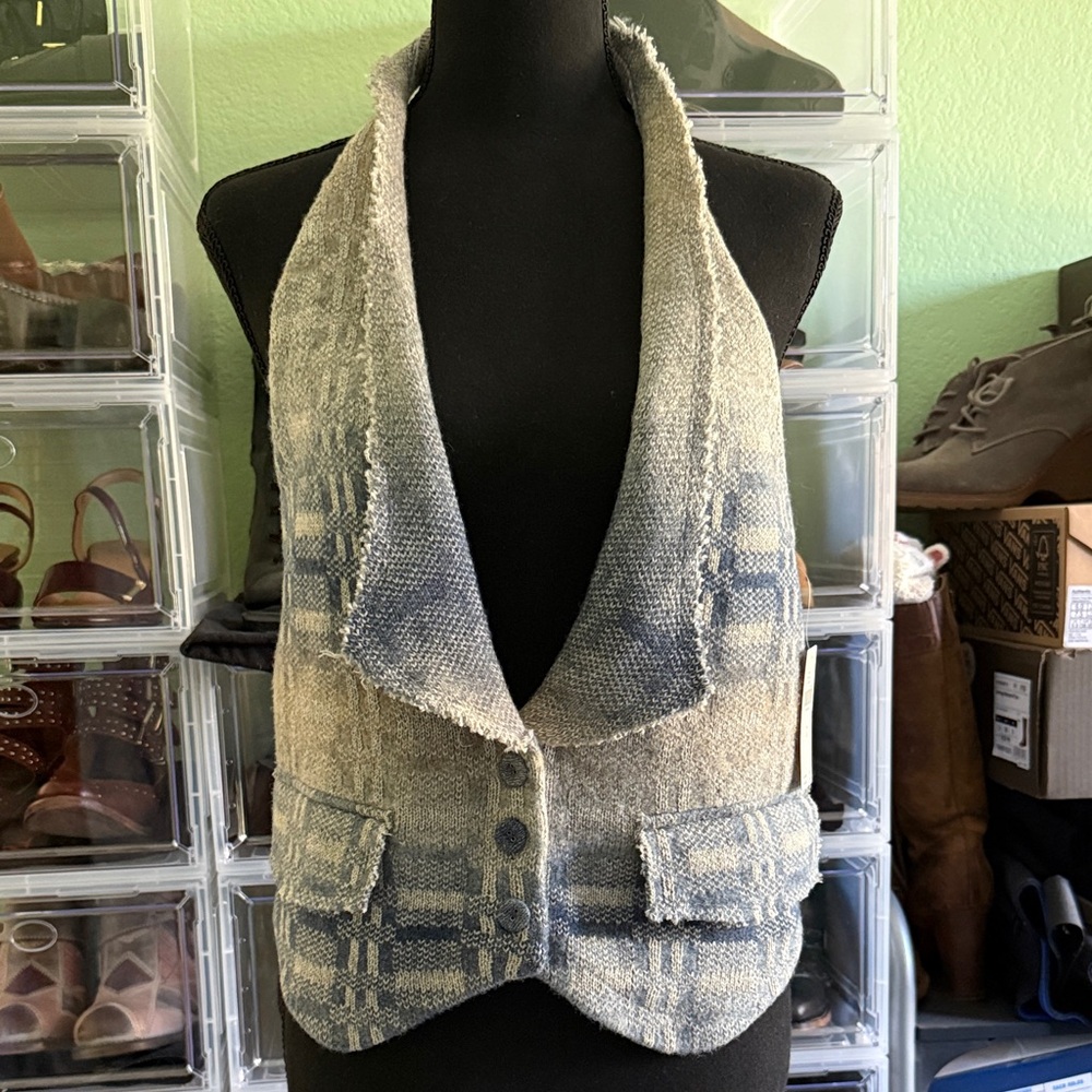 Anthropologie - Pilcro Blue and Cream Button Up Halter Top Vest